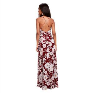 Magic Blooms Burgundy Floral Backless Maxi Dress Lulus Plunge Neck Boho Size M